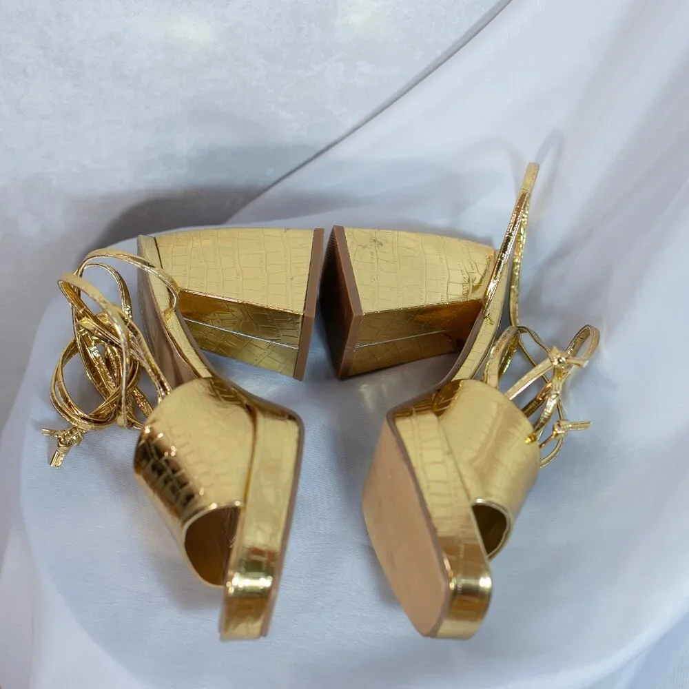 EGO Dreamer Womens Gold Croc Block Platform Heels Shoes Lace Up Size US 8M